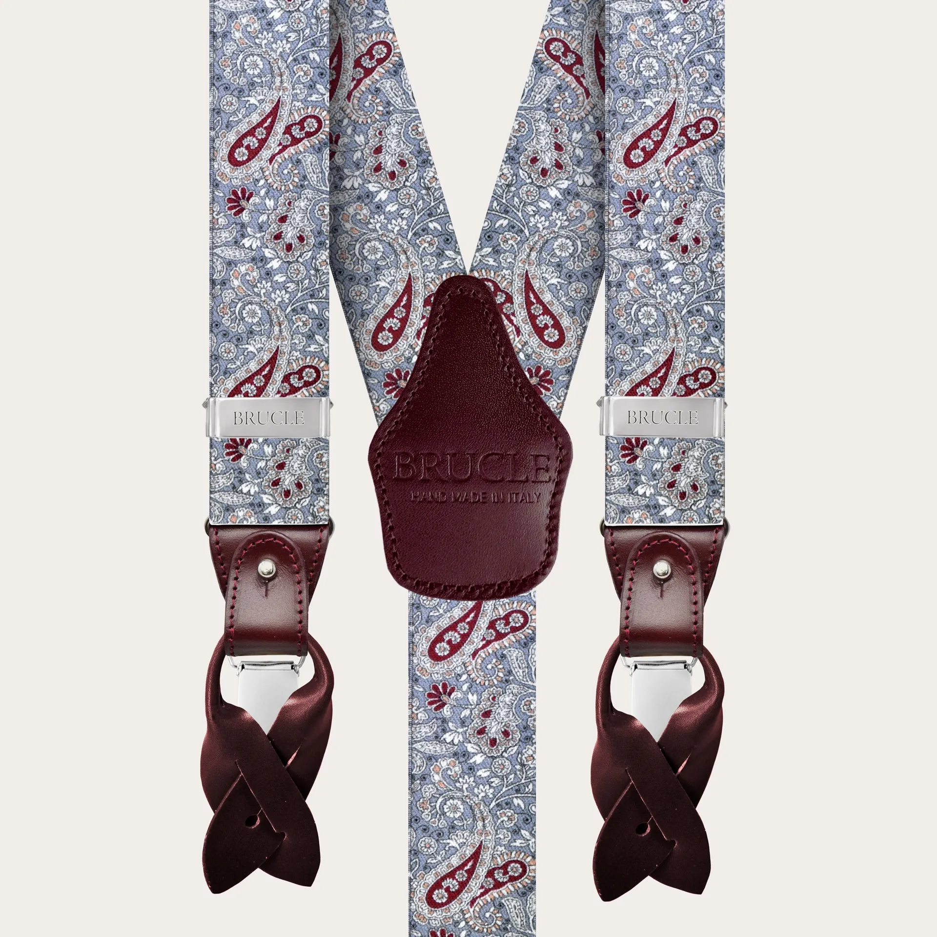 Bretelle unisex a Y effetto raso, fantasia cachemire grigio e rosso