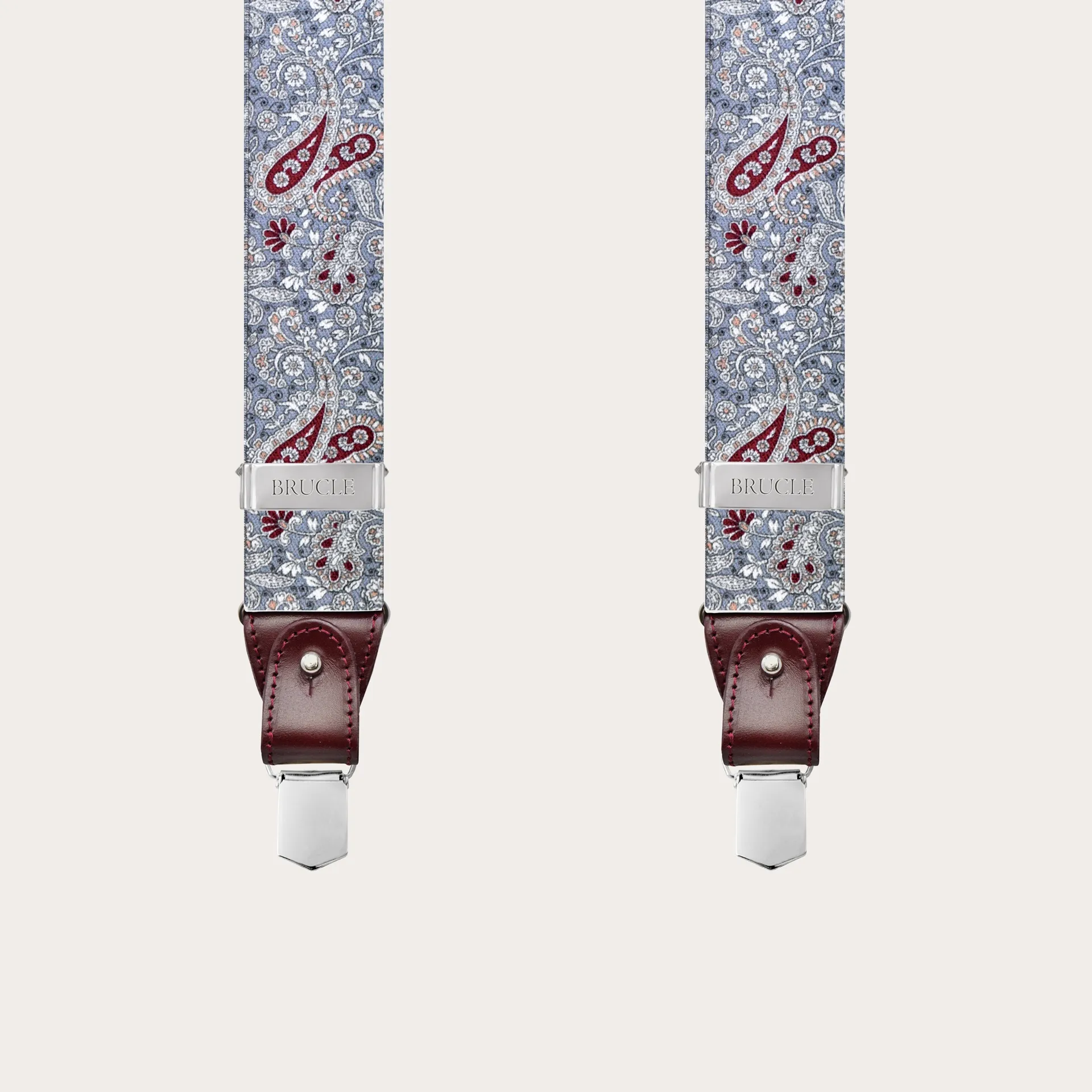 Bretelle unisex a Y effetto raso, fantasia cachemire grigio e rosso