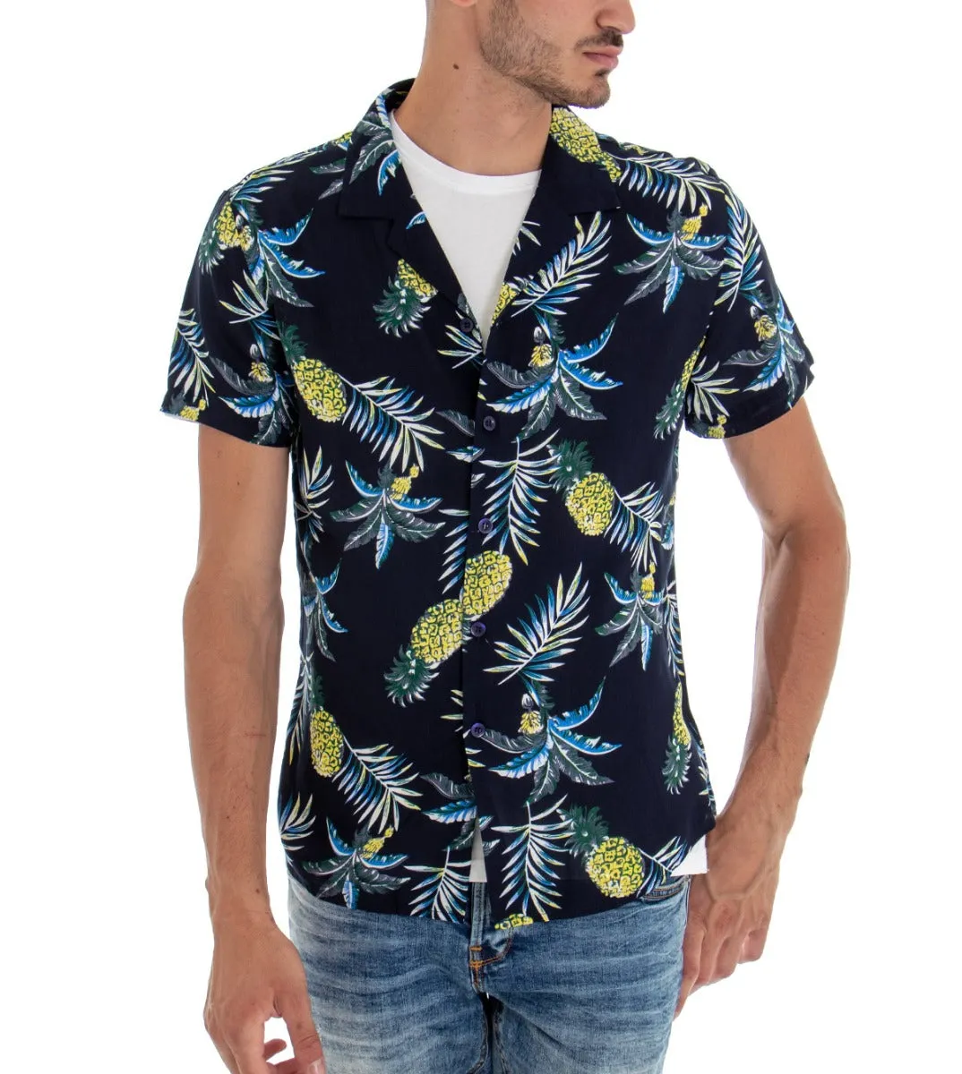 Camicia Manica Corta Uomo Blu Stampa Floreale Colletto GIOSAL-CC1092A