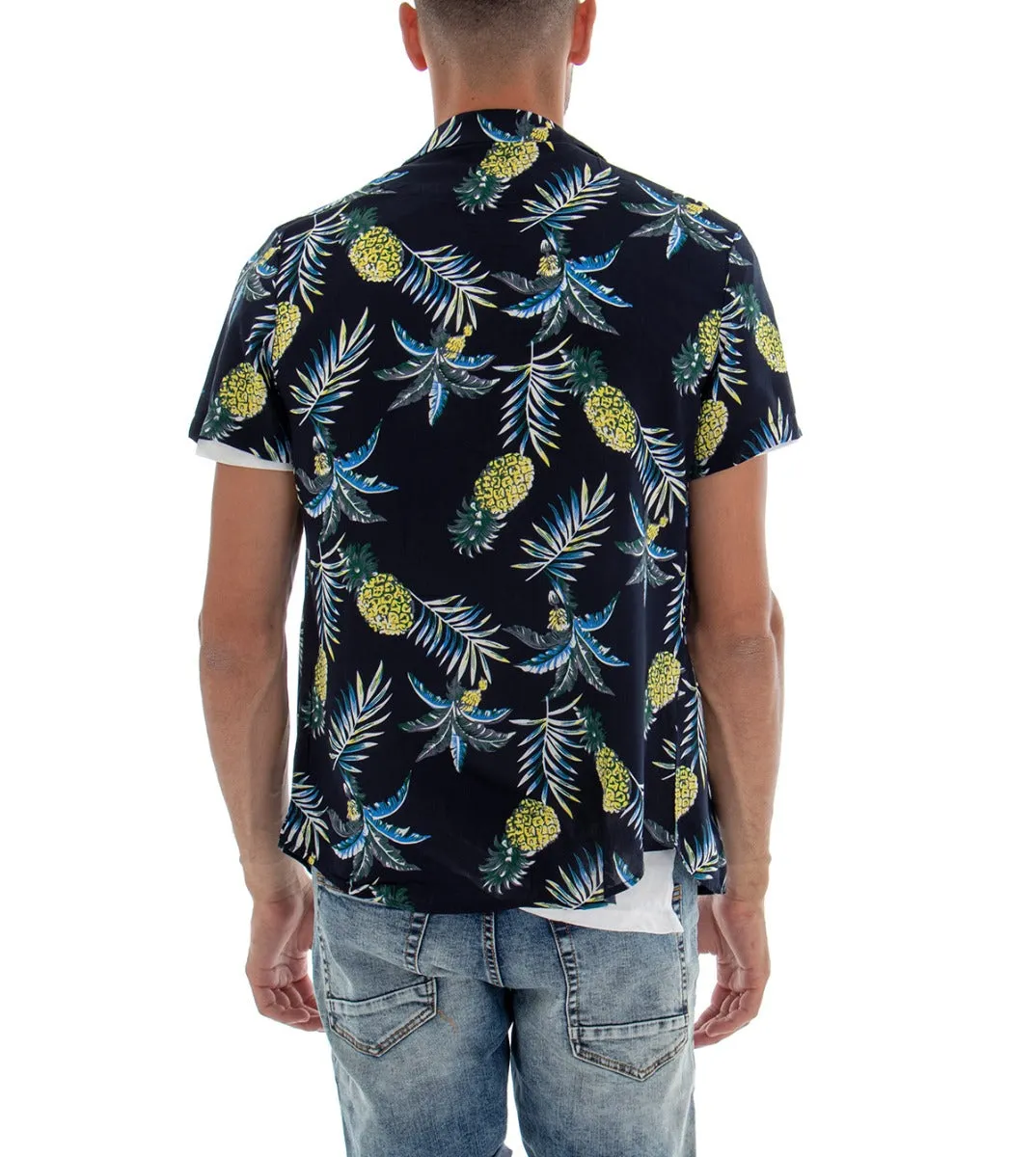 Camicia Manica Corta Uomo Blu Stampa Floreale Colletto GIOSAL-CC1092A