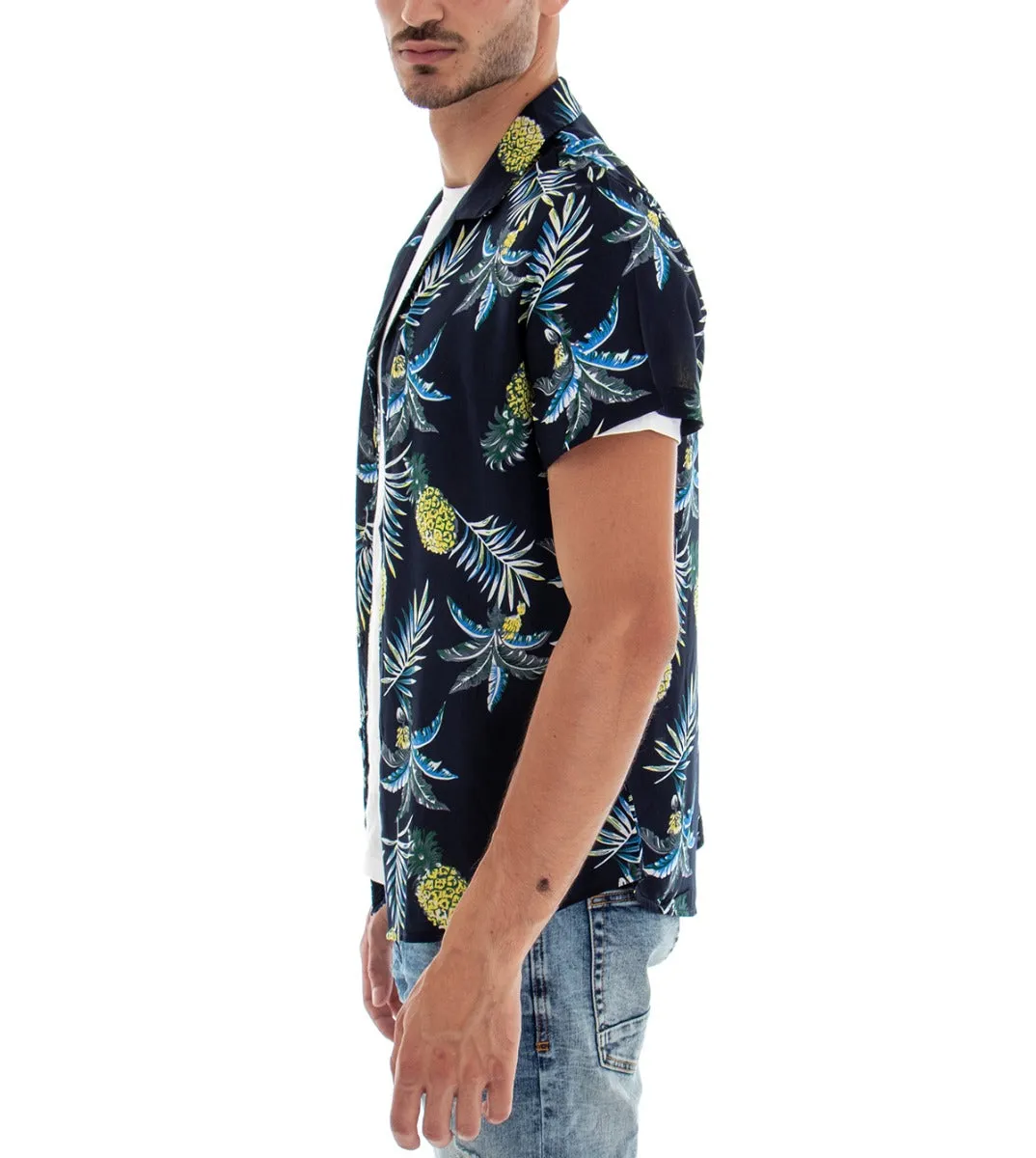 Camicia Manica Corta Uomo Blu Stampa Floreale Colletto GIOSAL-CC1092A