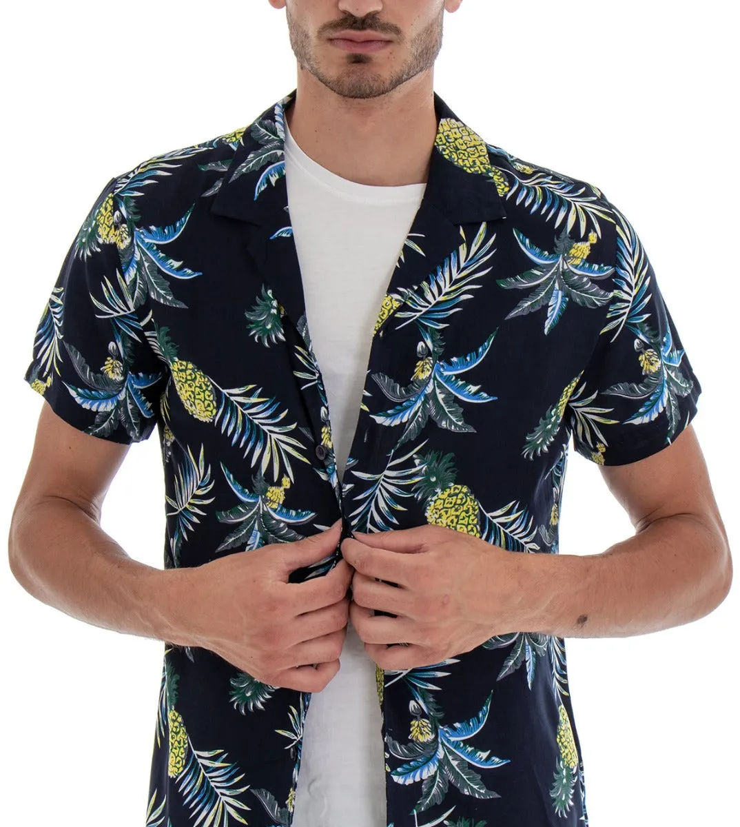 Camicia Manica Corta Uomo Blu Stampa Floreale Colletto GIOSAL-CC1092A