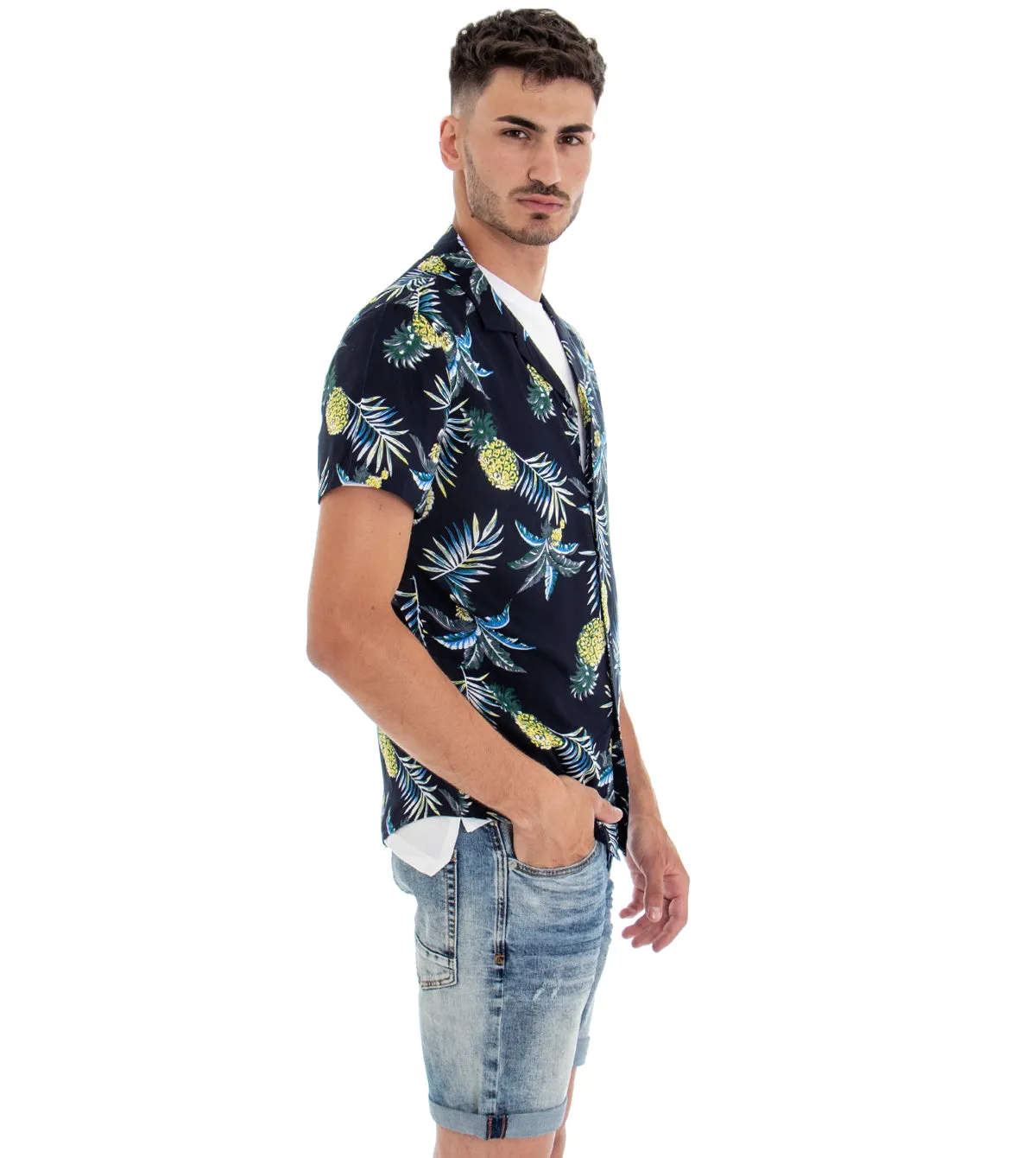 Camicia Manica Corta Uomo Blu Stampa Floreale Colletto GIOSAL-CC1092A