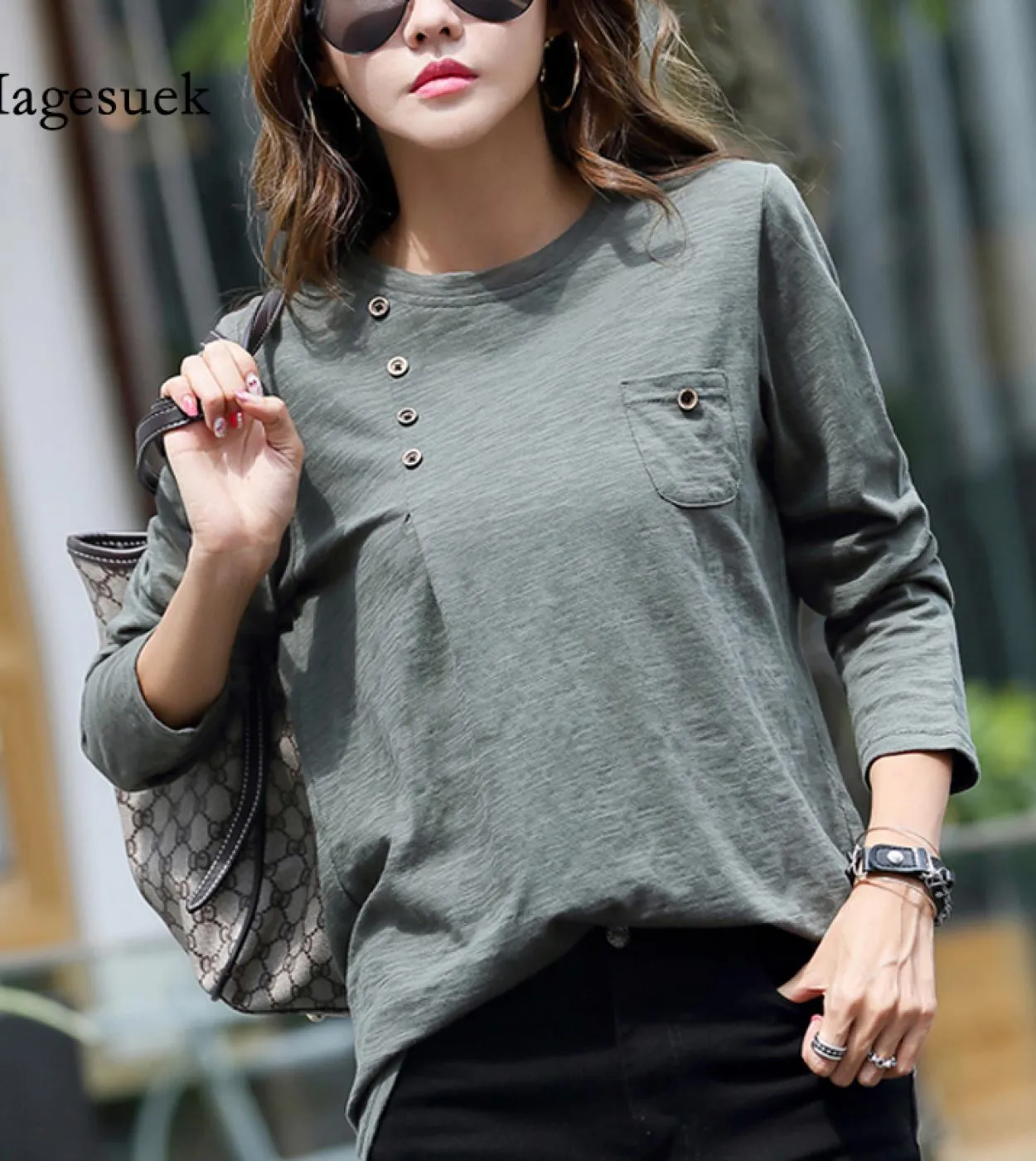 Elegante maglietta in cotone di base con scollo a V primavera casual versatile maglietta da donna manica lunga camicetta tascabi