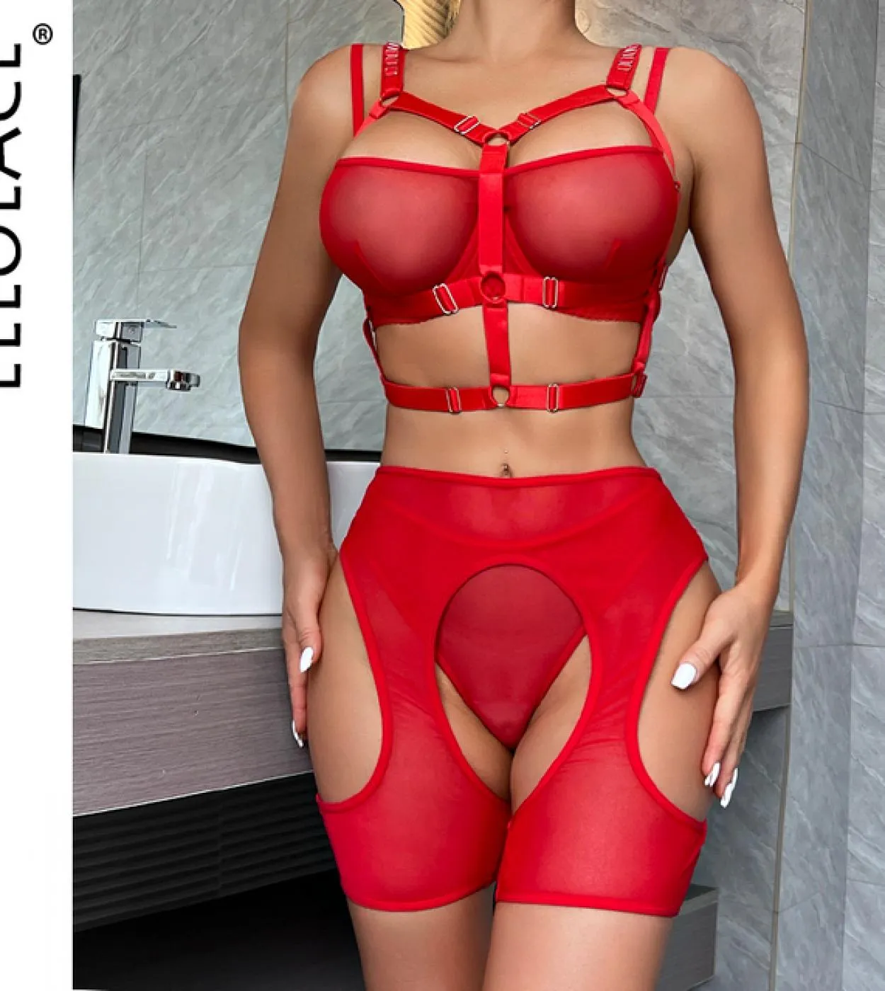 Ellolace Lingerie Intimo femminile Uncensored 4 pezzi Reggiseno trasparente senza cuciture Set Costume nudo Reggiseno intimo raf