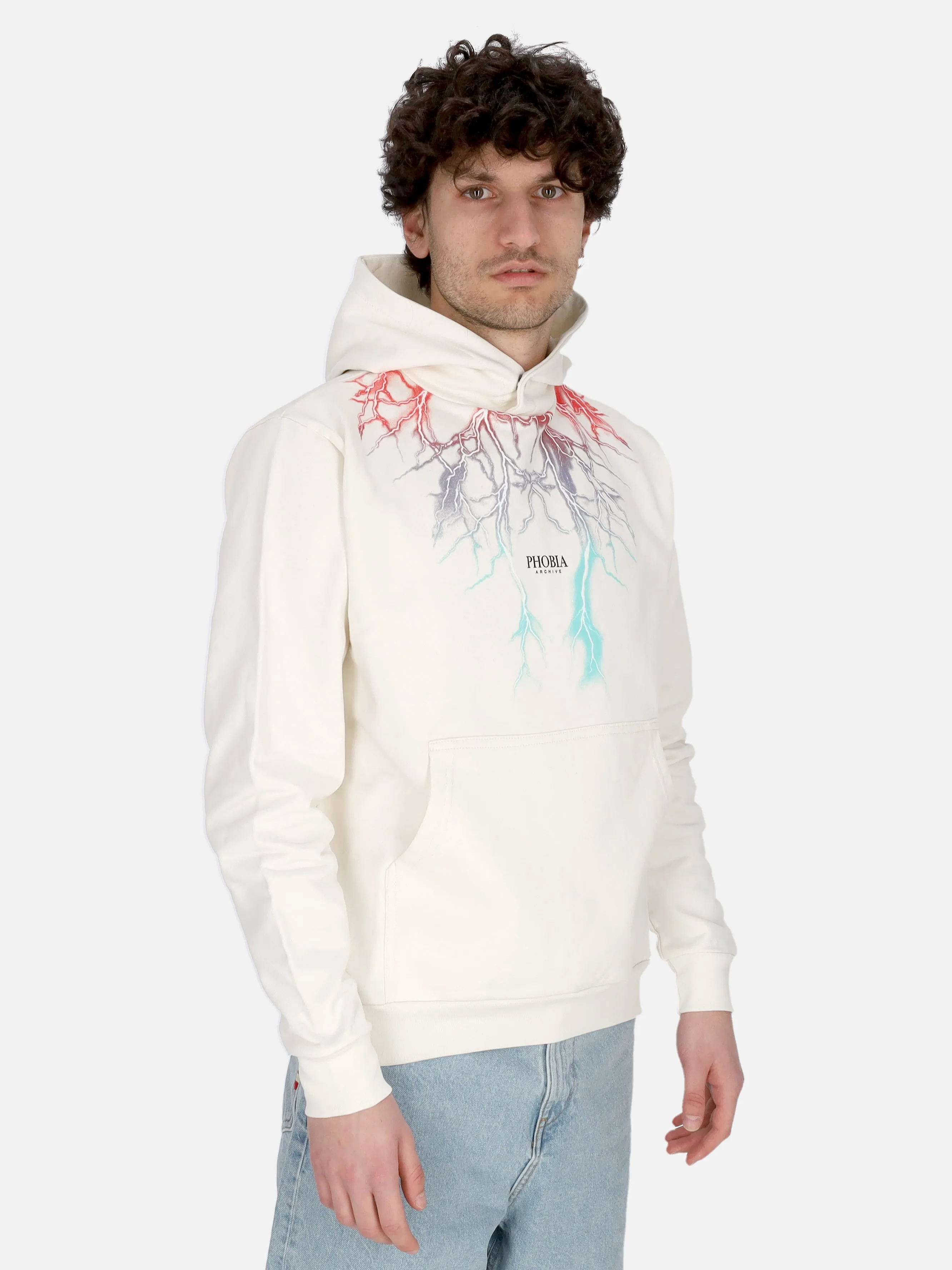 Felpa Cappuccio Uomo Bicolor Lightning Print Hoodie White