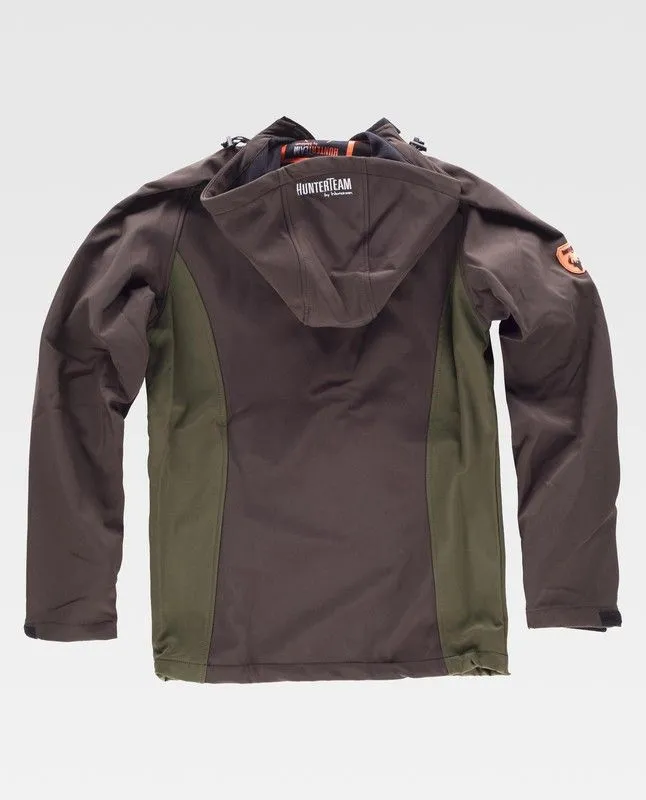 Giacca da lavoro con 2 tasche laterali e una tasca sul petto, combinate, con cappuccio marrone / verde caccia