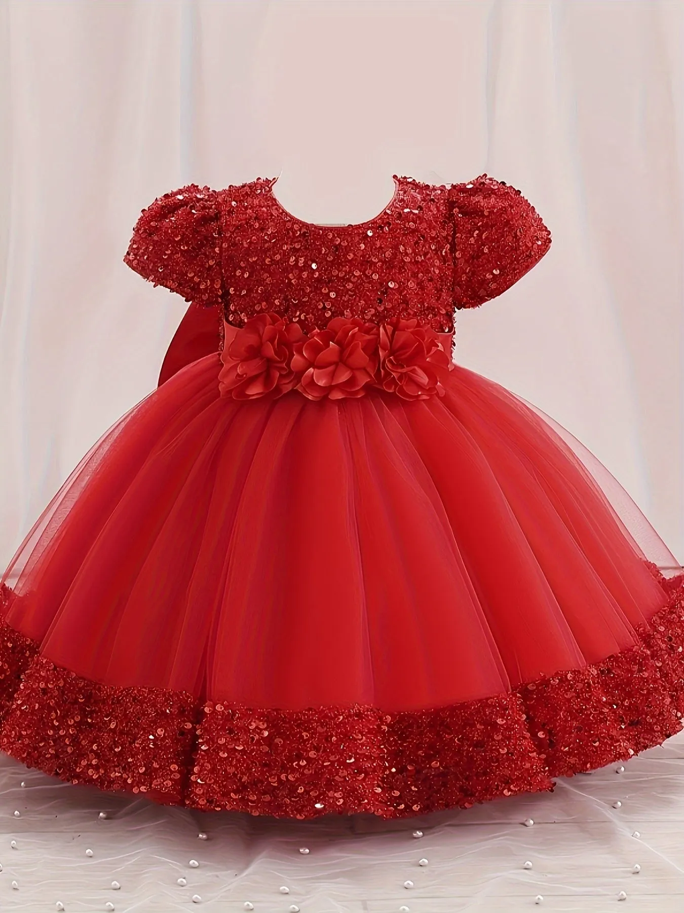 Gorgeour Sequin Flower Decor Puff Manica Corta Tutu Vestito Vestito Principessa Ragazze Bambini Abbigliamento Festa Natale