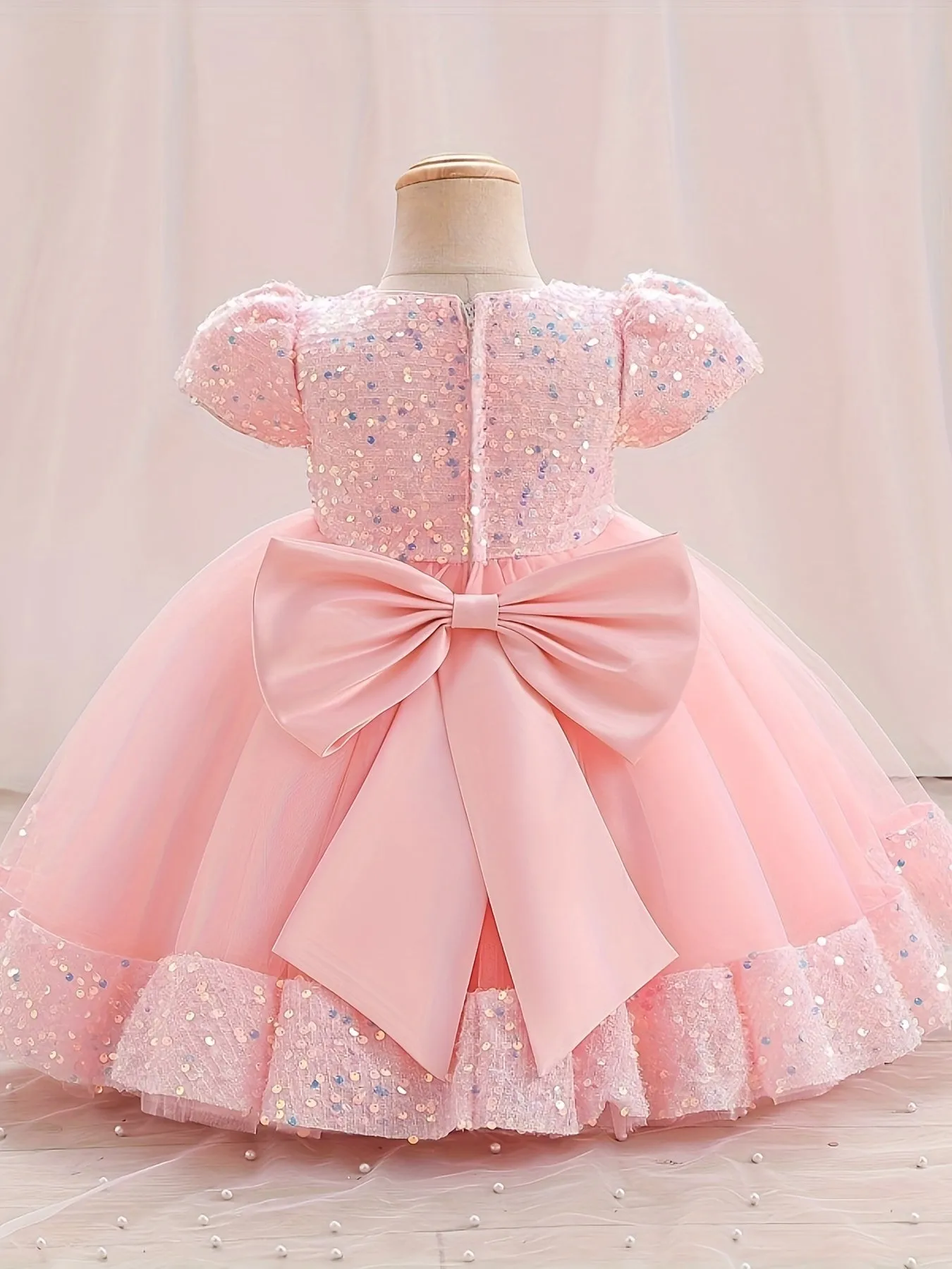 Gorgeour Sequin Flower Decor Puff Manica Corta Tutu Vestito Vestito Principessa Ragazze Bambini Abbigliamento Festa Natale
