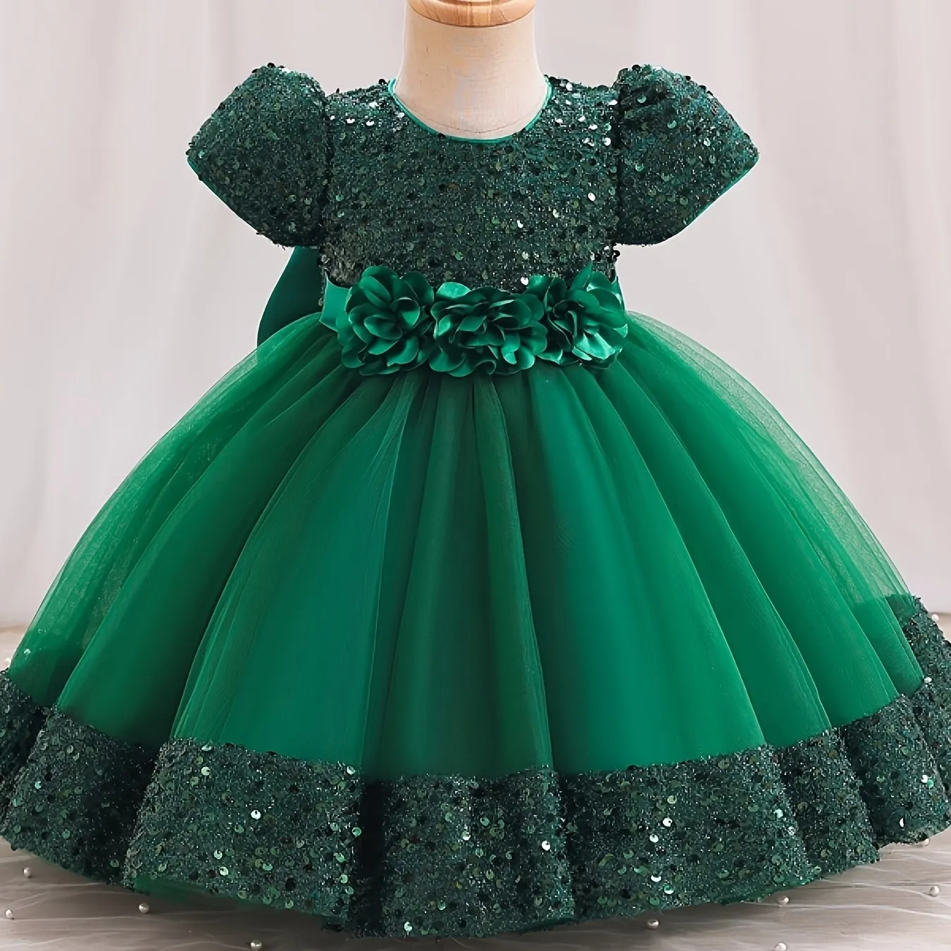 Gorgeour Sequin Flower Decor Puff Manica Corta Tutu Vestito Vestito Principessa Ragazze Bambini Abbigliamento Festa Natale