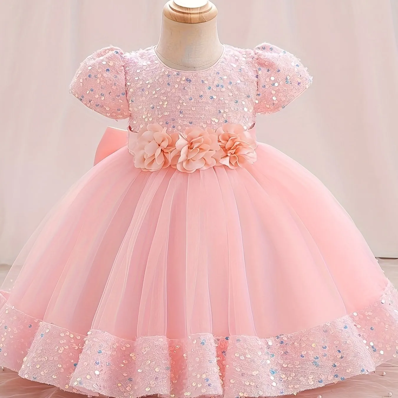 Gorgeour Sequin Flower Decor Puff Manica Corta Tutu Vestito Vestito Principessa Ragazze Bambini Abbigliamento Festa Natale