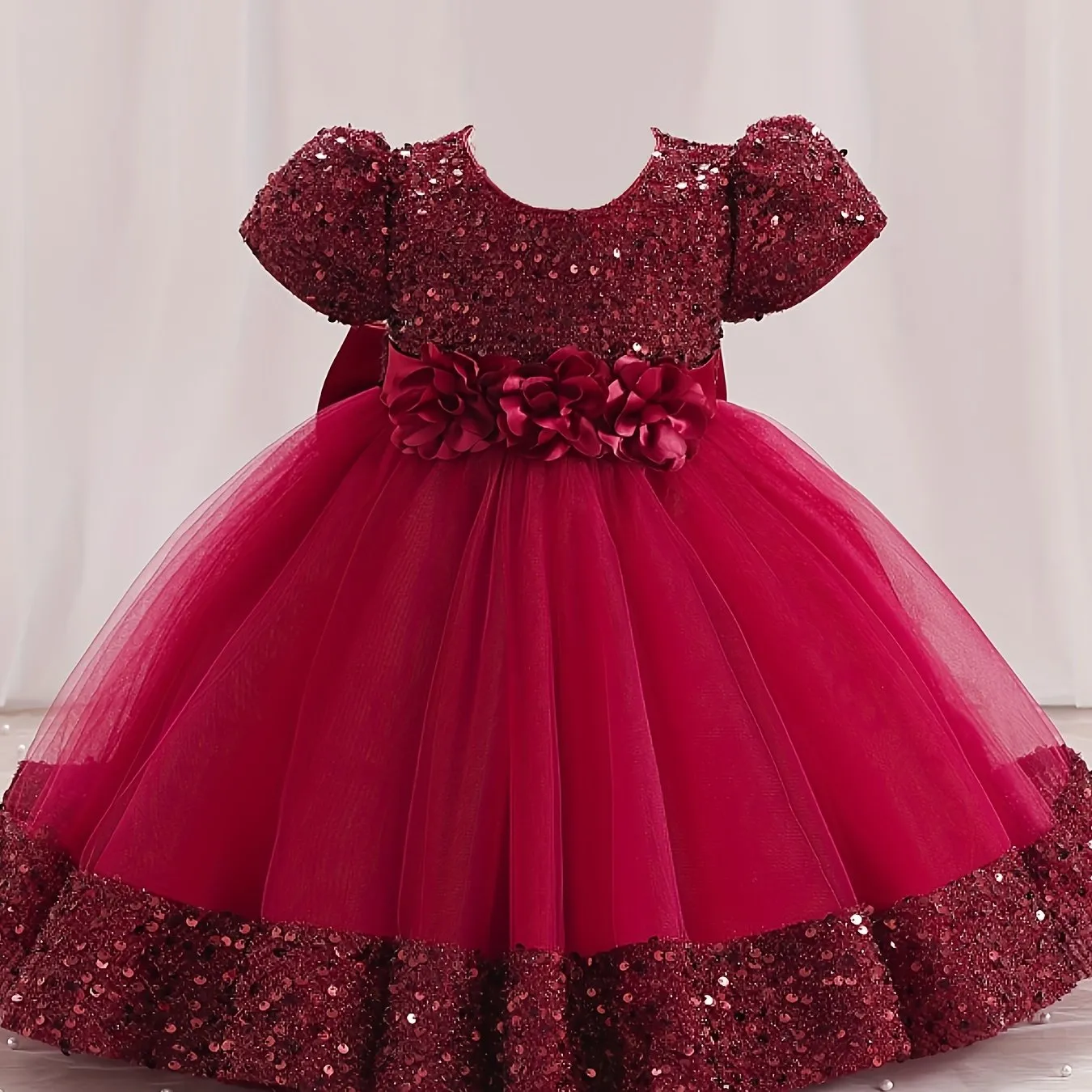 Gorgeour Sequin Flower Decor Puff Manica Corta Tutu Vestito Vestito Principessa Ragazze Bambini Abbigliamento Festa Natale