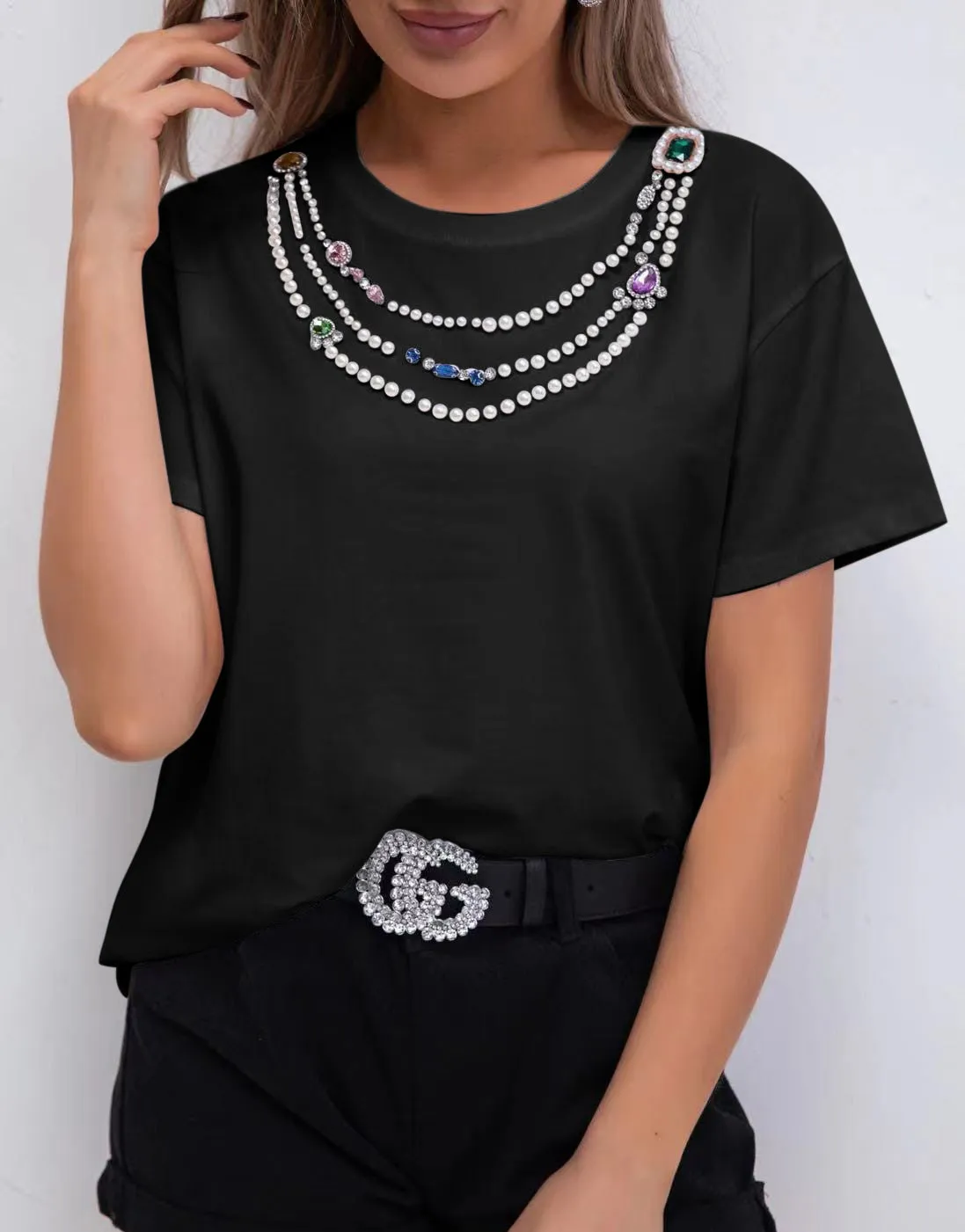 Maglia Donna Girocollo Mezza Manica Gioiello Strass Perle Monocolore Casual Comoda