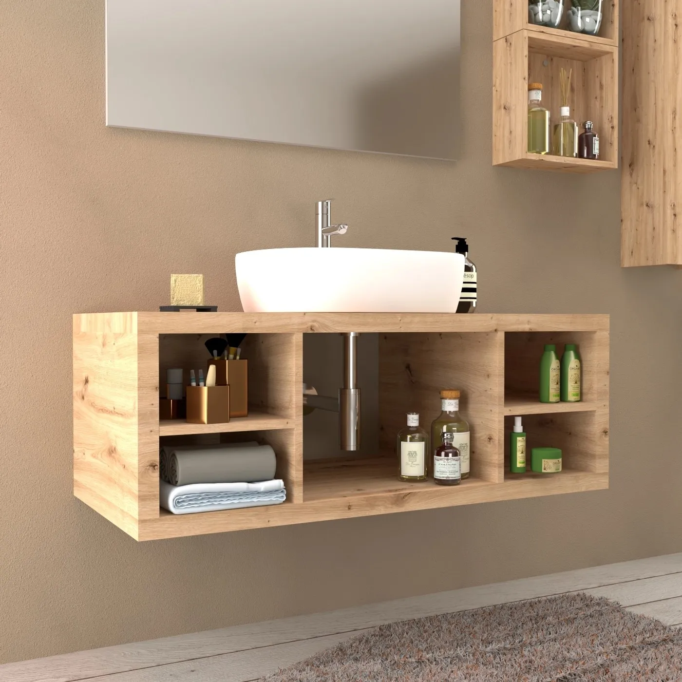 Mobile bagno base lavabo sospeso 110 cm rovere nodato/rovere vani a giorno