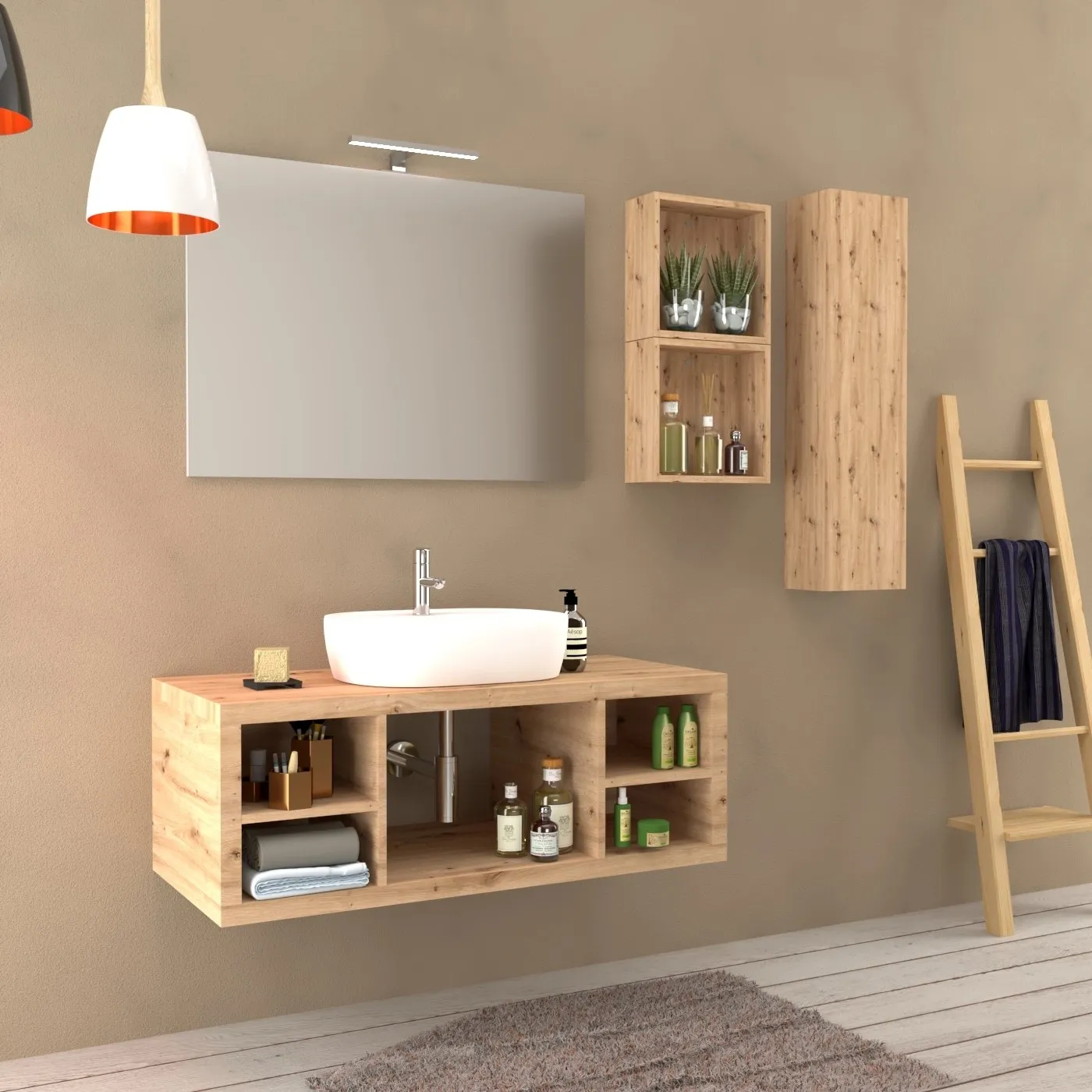 Mobile bagno base lavabo sospeso 110 cm rovere nodato/rovere vani a giorno