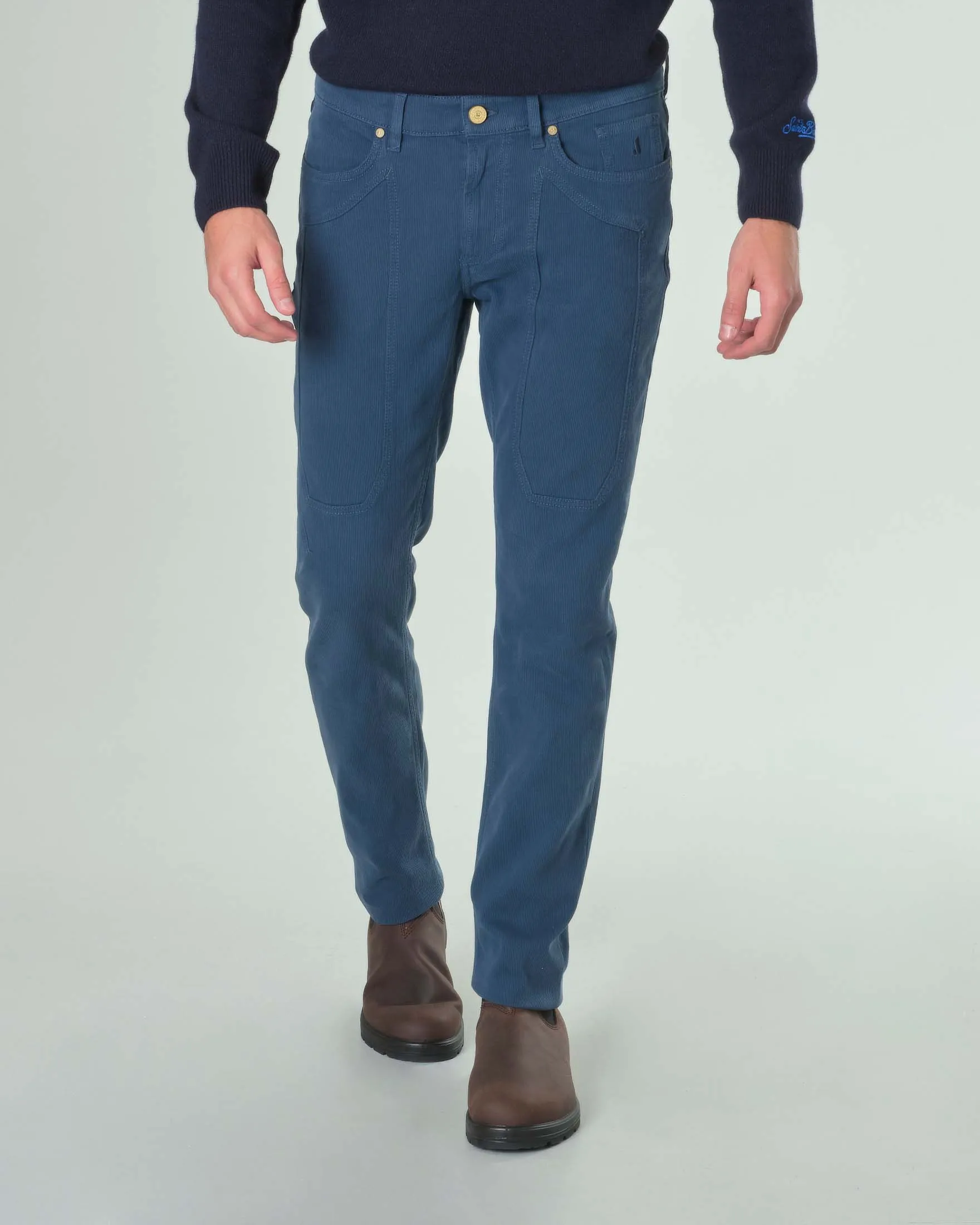 Pantalone blu indaco cinque tasche John in cotone stretch a costine con toppa