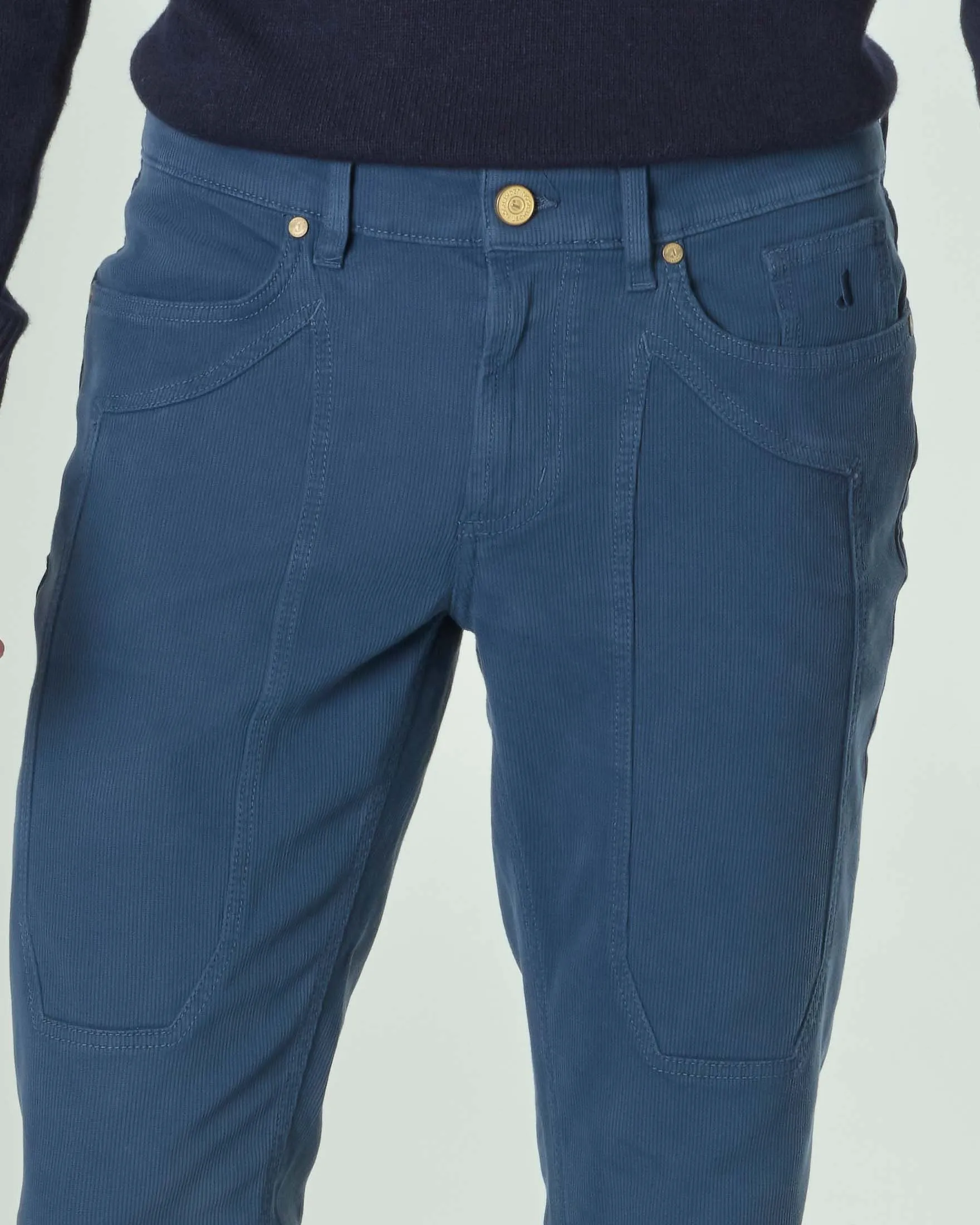 Pantalone blu indaco cinque tasche John in cotone stretch a costine con toppa