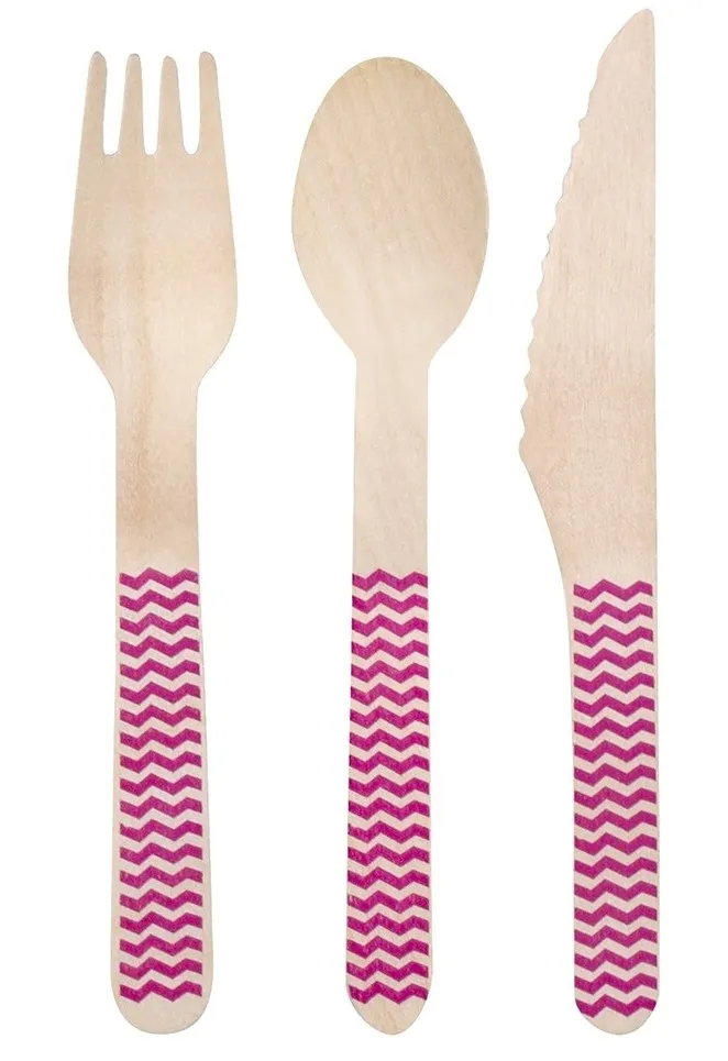 Posate in legno Pinocchio rosa 18 pezzi