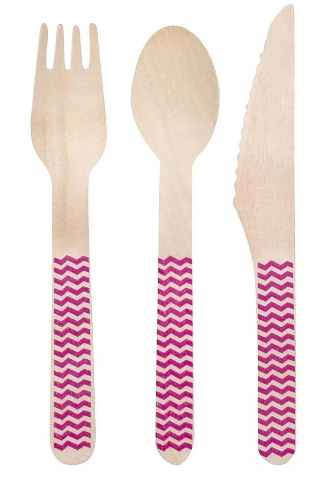 Posate in legno Pinocchio rosa 18 pezzi