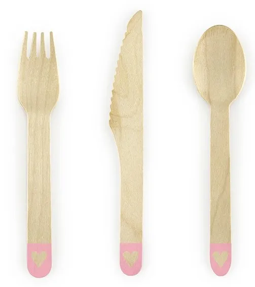 Posate in legno Sweetheart con manici rosa 18 pezzi