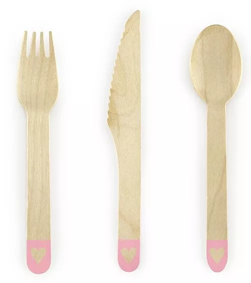 Posate in legno Sweetheart con manici rosa 18 pezzi