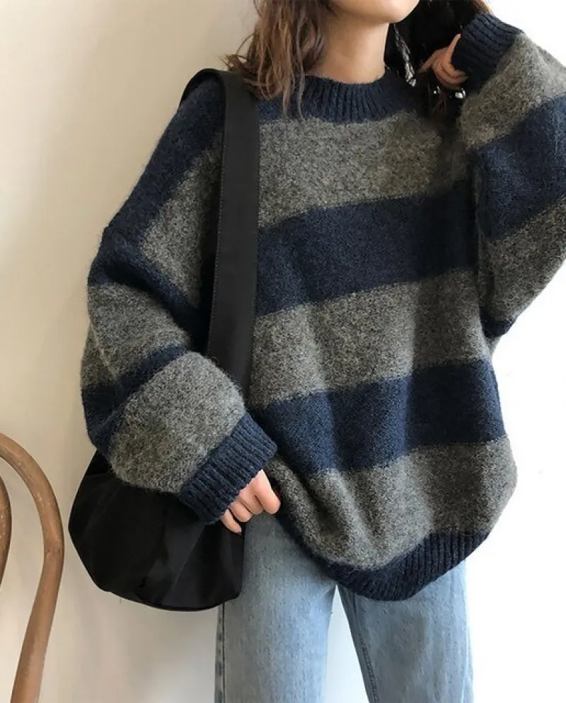 Pullover da donna casual stile pigro Pullover a righe allentato girocollo a maniche lunghe Pullover Maglieria Autunno Inverno Ma