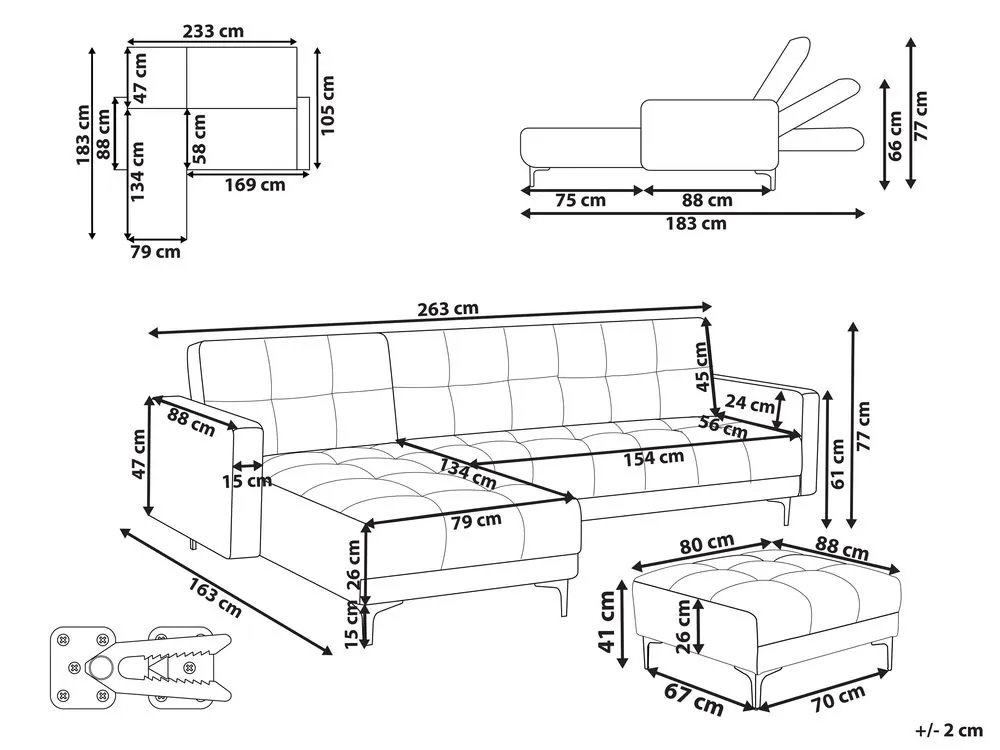 Right Hand Fabric Corner Sofa Bed with Ottoman Off-White ALNES