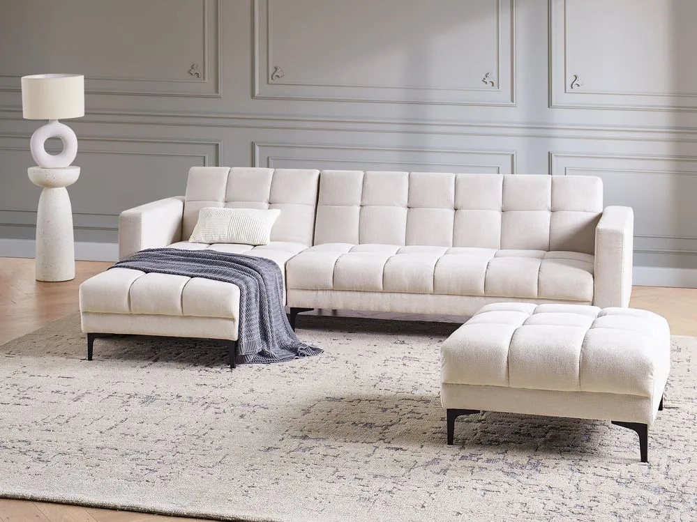 Right Hand Fabric Corner Sofa Bed with Ottoman Off-White ALNES