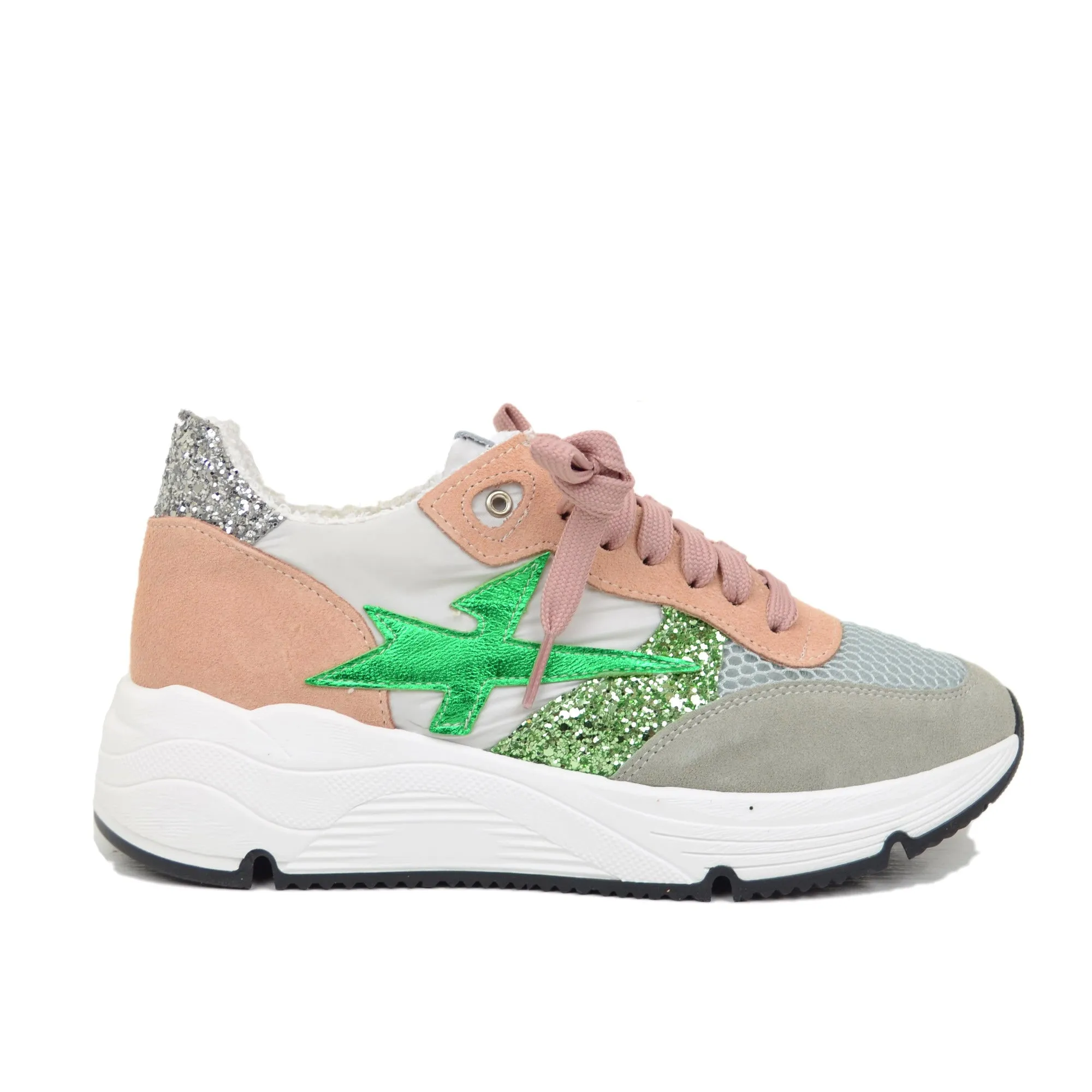 Sneakers Glitter in Pelle Scamosciata Fondo Platform Morbido
