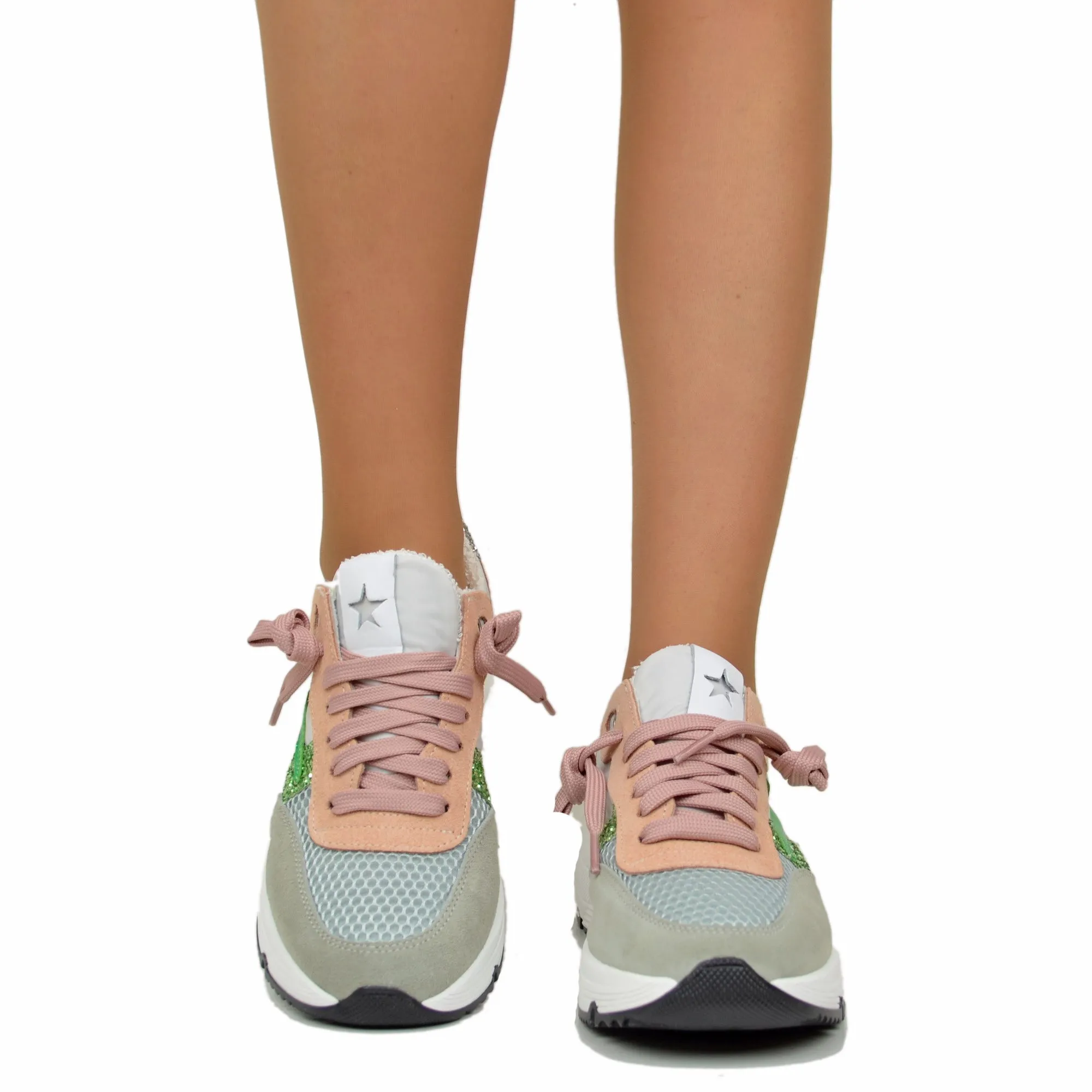 Sneakers Glitter in Pelle Scamosciata Fondo Platform Morbido