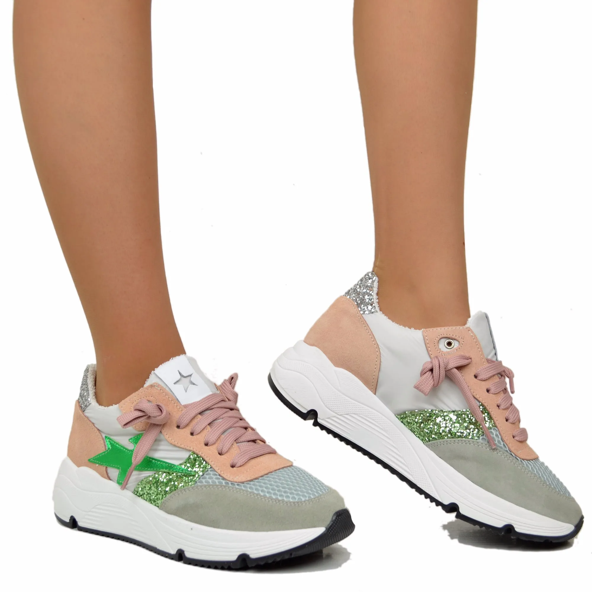 Sneakers Glitter in Pelle Scamosciata Fondo Platform Morbido