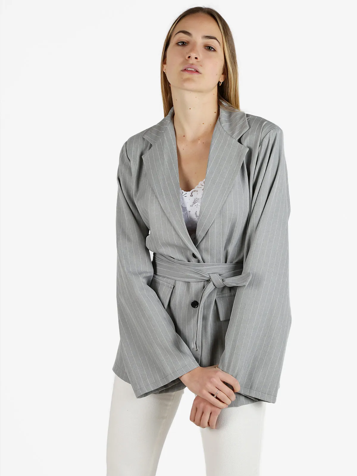 Solada Blazer femme oversize à fines rayures avec ruban