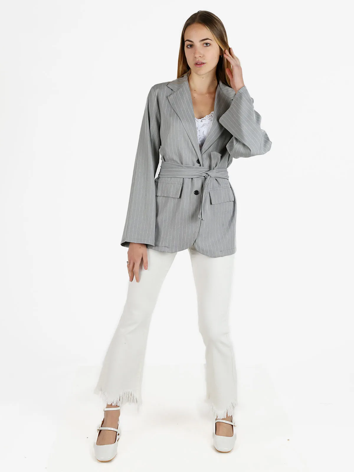 Solada Blazer femme oversize à fines rayures avec ruban