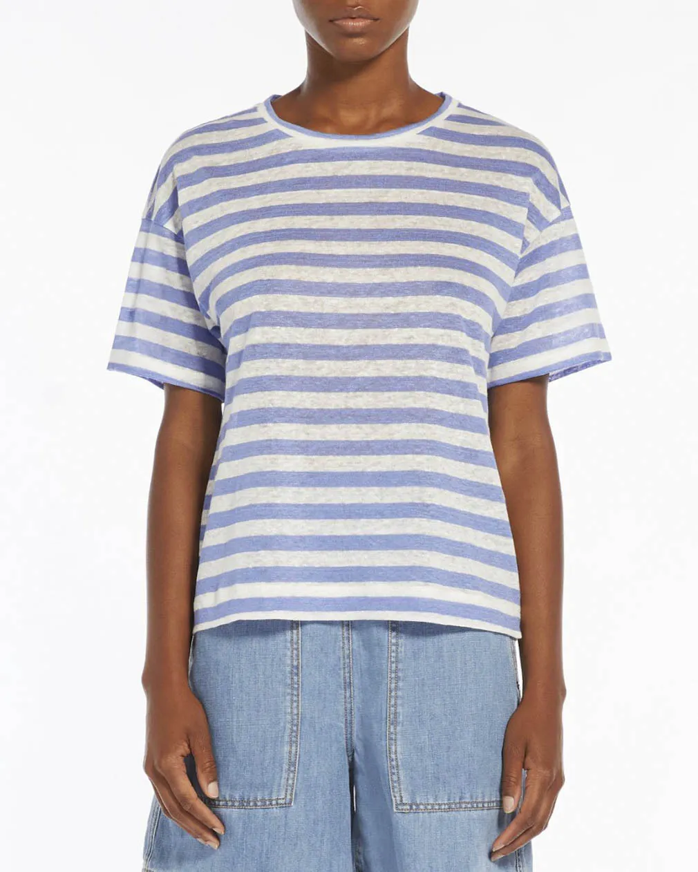 T-shirt avorio a righe azzurre in lino con spacchetti laterali