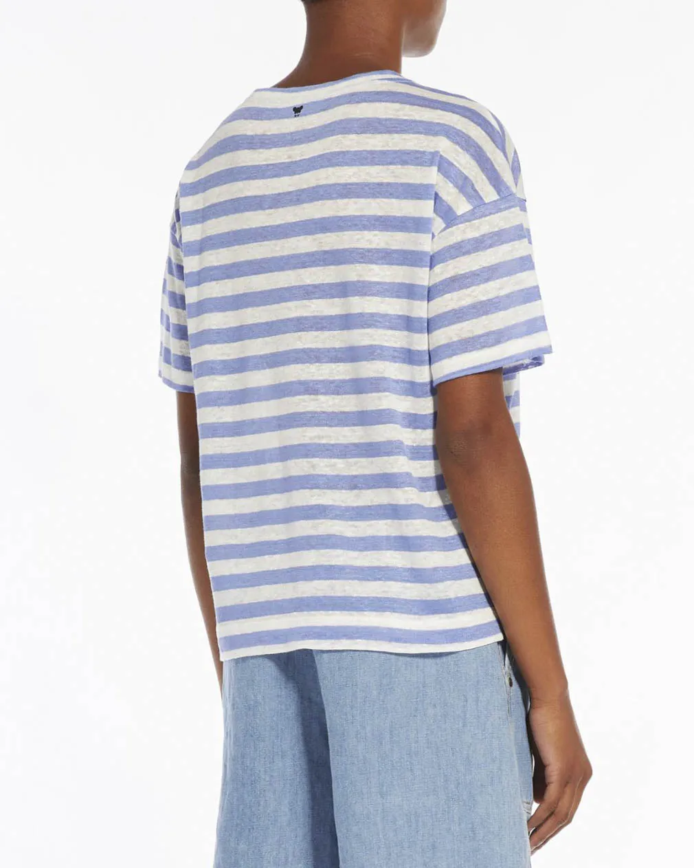 T-shirt avorio a righe azzurre in lino con spacchetti laterali