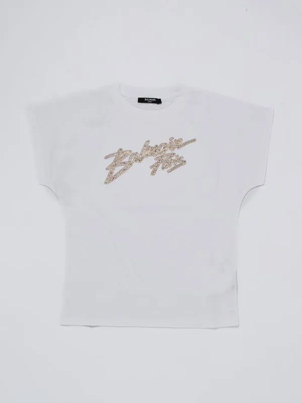 T-shirt bambina Balmain in cotone con logo in borchie Bianco-Oro