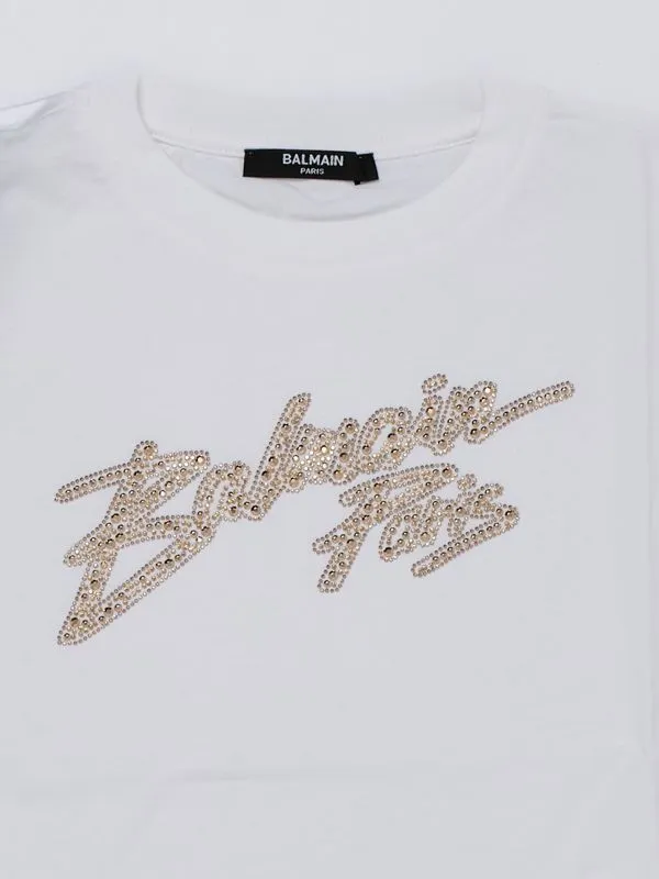 T-shirt bambina Balmain in cotone con logo in borchie Bianco-Oro