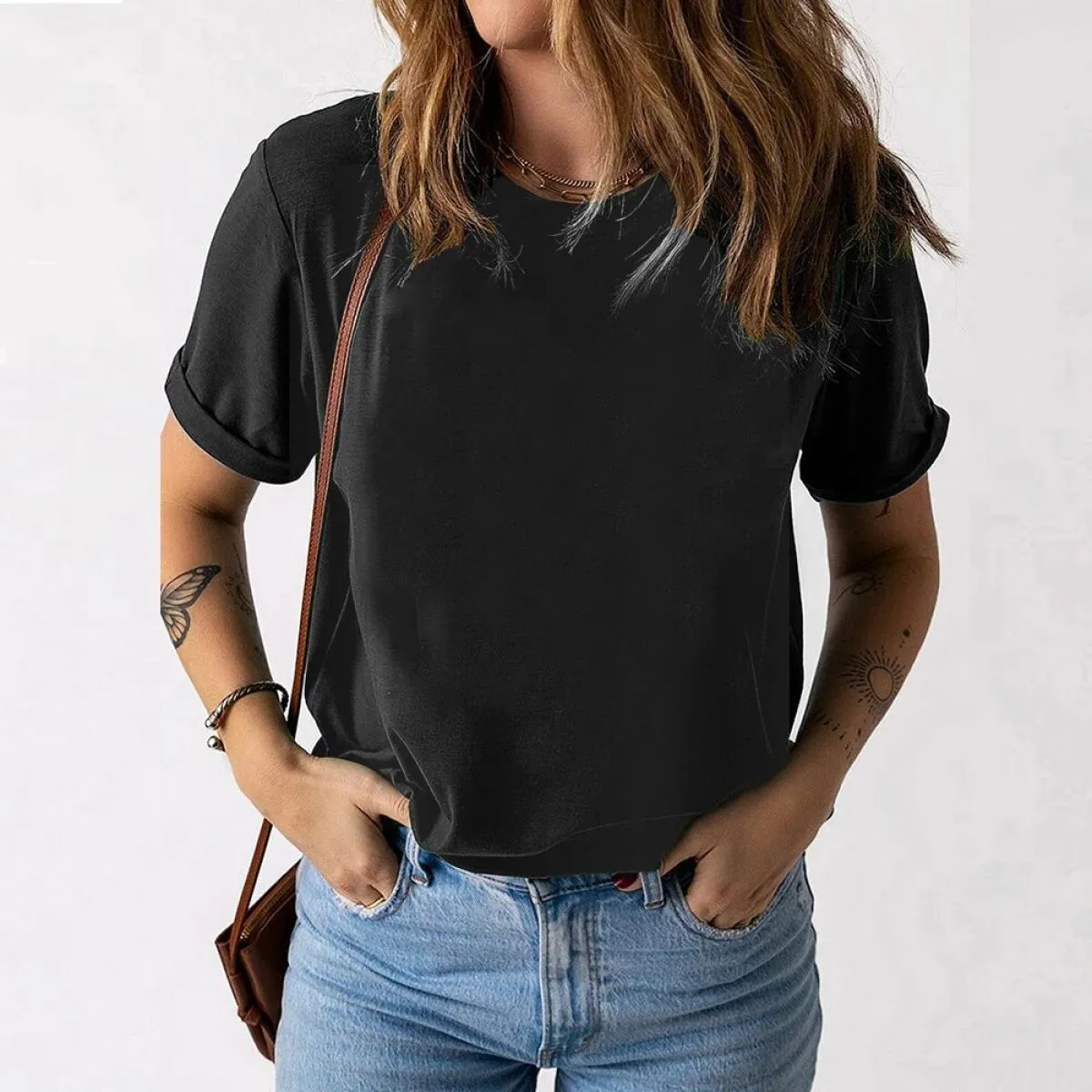 Top in cotone per abbigliamento donna 2024 T-shirt a maniche corte bianca nera estiva T-shirt pullover casual basic tinta unita